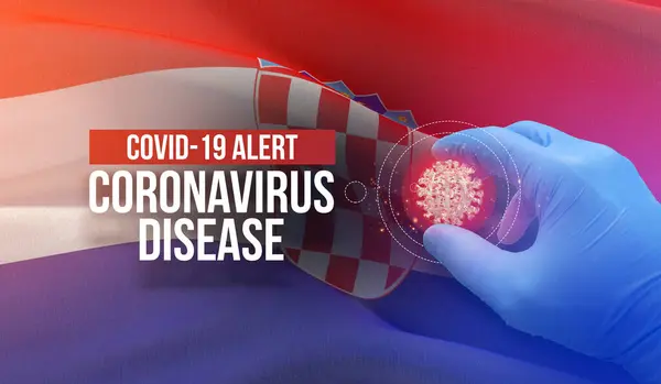 COVID-19 alarmı, koronavirüs hastalığı - harf tipografi metni. Hırvatistan bayrağı taşıyan tıbbi virüs moleküler konsepti. Salgın 3 boyutlu illüstrasyon. — Stok fotoğraf