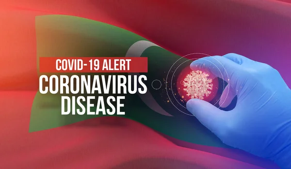 COVID-19 allerta, malattia coronavirica - lettera tipografia testo. Concetto molecolare di virus medico con bandiera delle Maldive. Illustrazione 3D . — Foto Stock