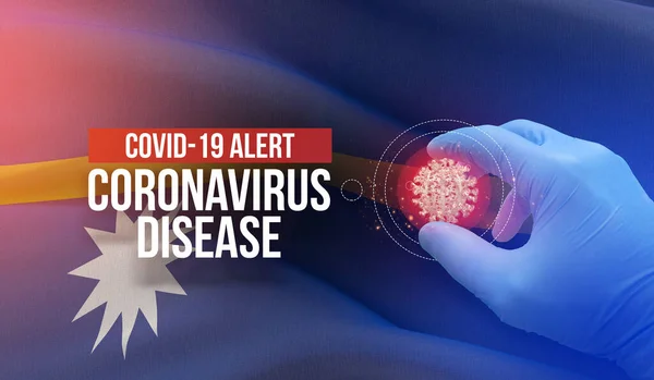 COVID-19 - тривожна, коронавірусна хвороба - текст з літерами. Молекулярна концепція медичного вірусу з прапором Науру. 3D ілюстрація. — стокове фото