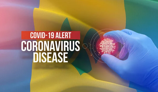 COVID-19 alerte, maladie du coronavirus - lettre texte typographique. Concept moléculaire de virus médical avec drapeau de Saint Vincent et les Grenadines. Illustration 3D . — Photo