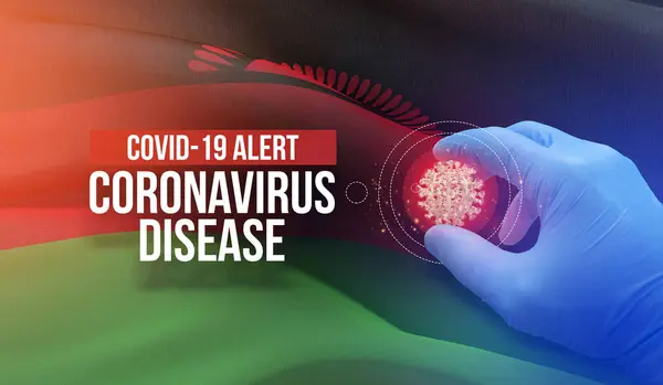 COVID-19 allerta, malattia coronavirica - lettera tipografia testo. Concetto molecolare di virus medico con bandiera del Malawi. Illustrazione 3D . — Foto Stock