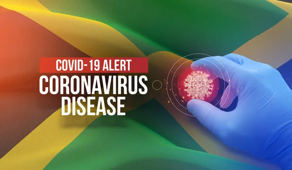 COVID-19 alert, coronavirus ziekte - letter typografie tekst. Medisch virus moleculair concept met vlag van Jamaica. 3D illustratie. — Stockfoto