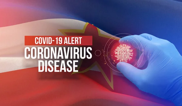COVID-19警报，Coronavirus disease-letter typography text.带有南斯拉夫国旗的医用病毒分子概念。3D插图. — 图库照片