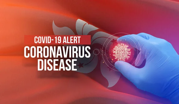 COVID-19 riasztás, coronavirus betegség - betűtipográfia szöveg. Orvosi vírus molekuláris koncepció Hong Kong zászlajával. 3D illusztráció. — Stock Fotó