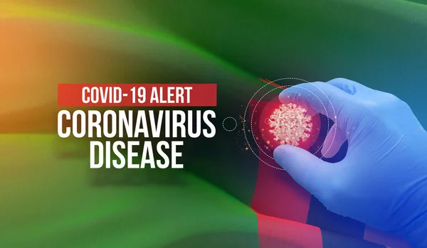 Тревога COVID-19, коронавирусная болезнь - буквенно-типографский текст. Молекулярная концепция медицинского вируса с флагом Замбии. 3D иллюстрация . — стоковое фото