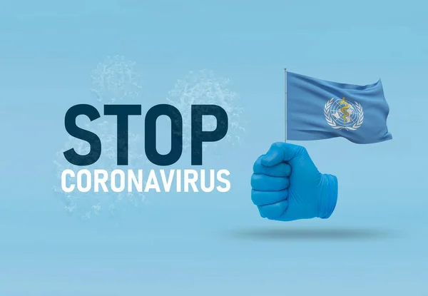 COVID-19 Visual concept - hand-text Stop Coronavirus, hand-gesture versus virus infection, clenched fist holds flag of The World Health Organization, WHO. Pandemic 3D illustration. — Stock Photo, Image