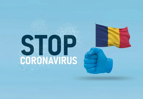 COVID-19 Visual concept - hand-text Stop Coronavirus, hand-gesture versus virus infection, clenched fist holds flag of the Republic of Chad . Pandemic 3D illustration. — Stock Photo, Image