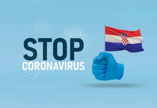 COVID-19 Visual concept - hand-text Stop Coronavirus, hand-gesture versus virus infection, clenched fist holds flag of Croatia. Pandemic 3D illustration. — Stock Photo, Image