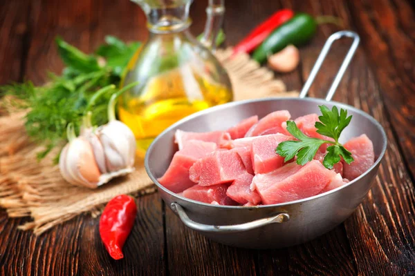 Raw meat in pan — Stock Photo, Image