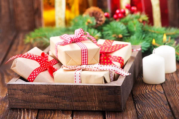 Boxes for presents with colorful ribbons — Stock Photo, Image