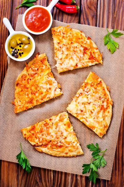 Fresh pizza with aroma spices and cheese — Stock Photo, Image