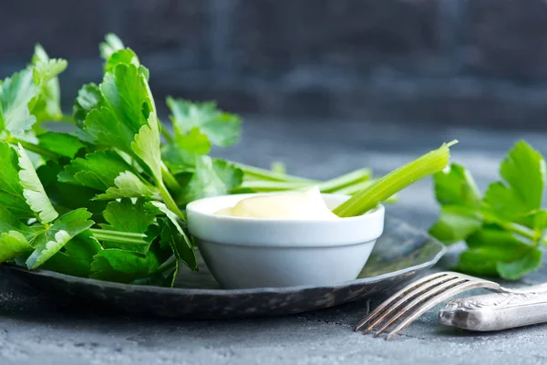 Fresh celery and sauce — Stock Photo, Image