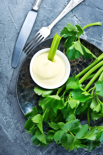 Fresh celery and sauce — Stock Photo, Image