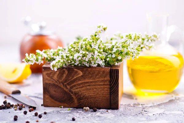 Thyme branches in wooden box — Stock Photo, Image