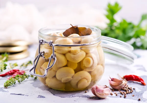 Canned mushrooms in jar — Stock Photo, Image