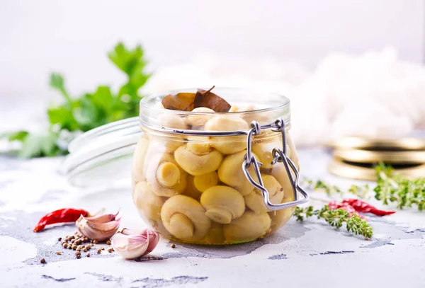 Canned mushrooms in jar — Stock Photo, Image