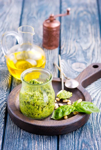 Basil pesto sauce in jar — Stock Photo, Image