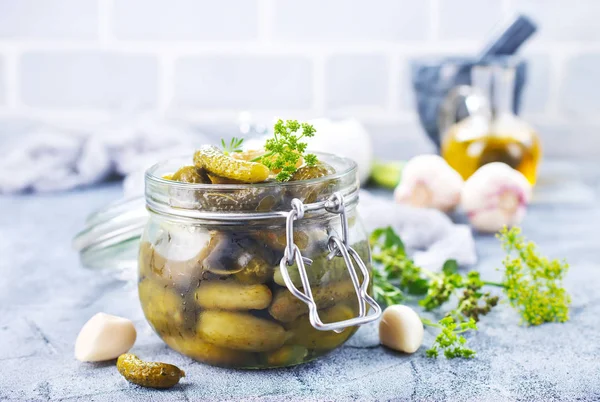 Pickled cucumber in bank — Stock Photo, Image