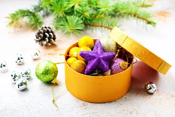Box with christmas decorations — Stock Photo, Image