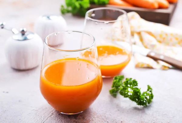 Two Glasses Fresh Carrot Smoothie Table — Stock Photo, Image