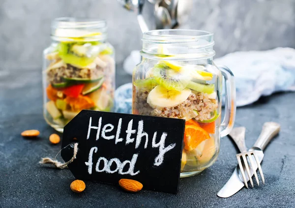 Fresh Vitamin Salad Glass Jars Table — Stock Photo, Image
