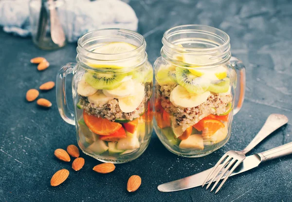 Fresh Vitamin Salad Glass Jars Table — Stock Photo, Image