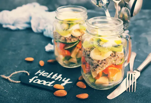 Fresh Vitamin Salad Glass Jars Table — Stock Photo, Image