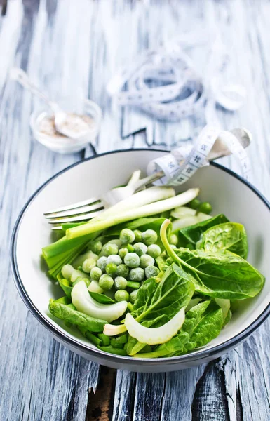 Green Food White Bowl Wooden Table — Stock Photo, Image