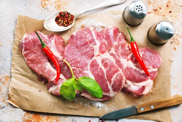 Viande Crue Avec Épice Sel Prête Cuire — Photo