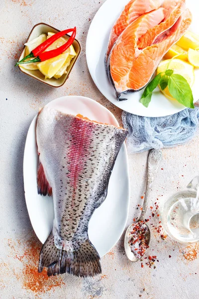 Raw Salmon Fish Salt Spice Ready Cooking — Stock Photo, Image
