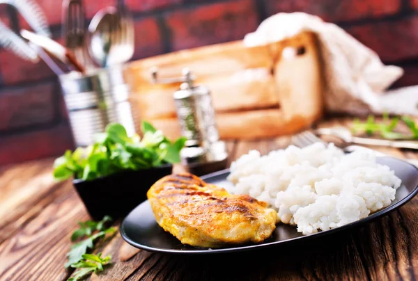 Boiled Rice Fried Chicken Fillet Black Plate — Stock Photo, Image