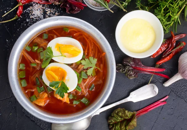 Sopa Remolacha Con Huevos Cocidos Bol —  Fotos de Stock