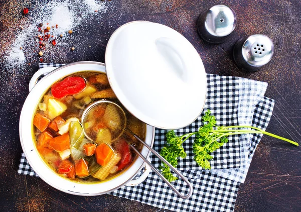 Sopa Frango Caseiro Com Legumes Panela — Fotografia de Stock