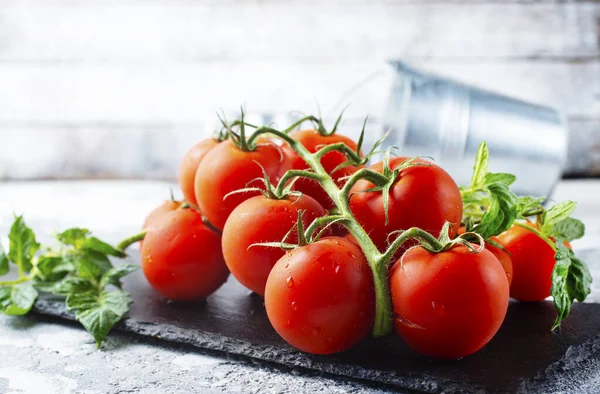 Tomate Crudo Cereza Tomate Sobre Pizarra Negra — Foto de Stock