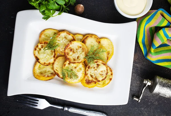 Fried Zucchini White Plate Table — Stock Photo, Image