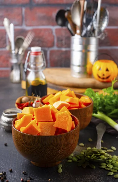 Raw Pumpkin Herbs Spice Table — Stock Photo, Image