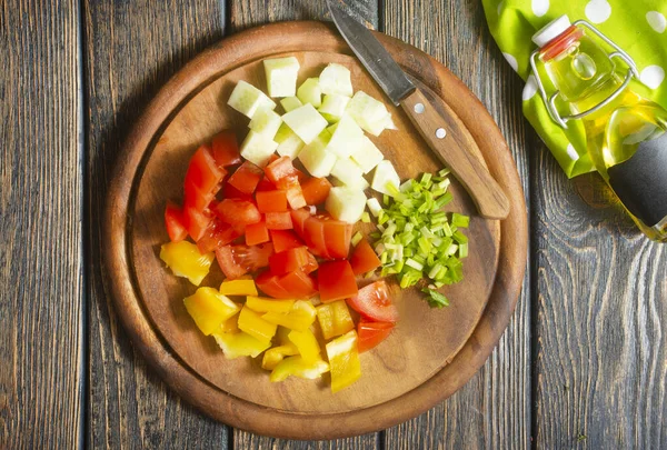 Différents Légumes Frais Tomates Concombre Poivron Bord — Photo