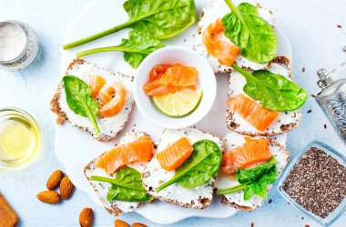 Ekmek, peynir, somon kahvaltısı.