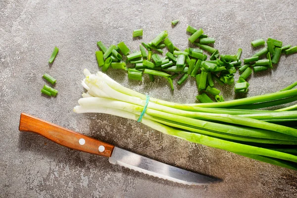 Gri Arkaplanda Salata Için Taze Yeşil Soğan — Stok fotoğraf