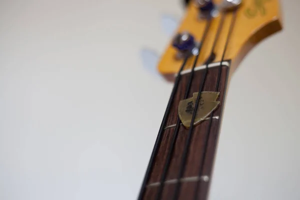 Bass guitar fingerboard closeup with a damaged pick stuck between black nylon strings