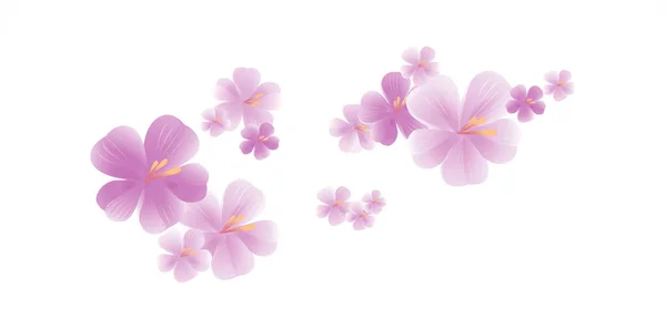 Flying luz rosa flores púrpuras aisladas sobre fondo blanco. Sakura flores de manzano. Flor de cerezo. Vector — Vector de stock