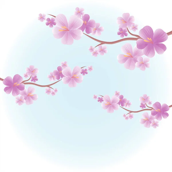 Diseño de flores. Fondo de flores. Flores de manzano. Ramas de sakura con flores púrpuras aisladas sobre fondo de color azul claro. Ramas de flores de cerezo. Vector — Vector de stock