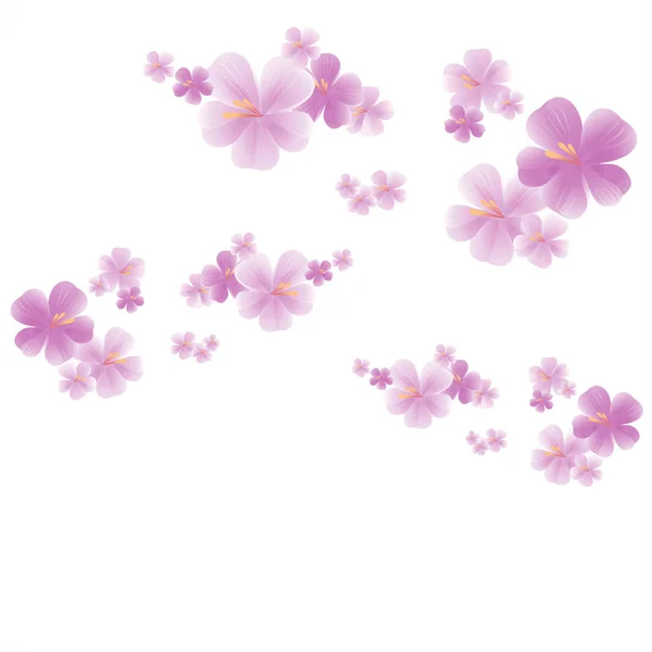 Flying luz rosa flores púrpuras aisladas sobre fondo blanco. Sakura flores de manzano. Flor de cerezo. Vector — Vector de stock