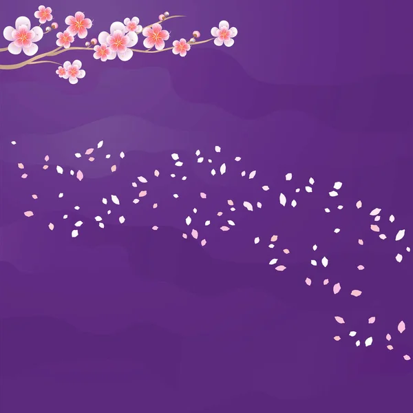 Branche de Sakura et pétales volant isolés sur fond violet. Des fleurs de pommier. La fleur de cerisier. Vecteur EPS 10, cmyk — Image vectorielle