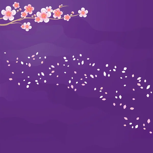 Ramo de Sakura e pétalas voando isolado sobre fundo violeta roxo. Flores de macieira. Flor de cereja. Vetor EPS 10, cmyk — Vetor de Stock