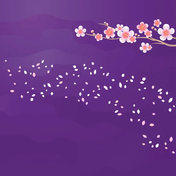 De tak van Sakura en bloemblaadjes vliegen geïsoleerd op Purple Violet achtergrond. Appelboom bloemen. Kersenbloesem. Vector Eps 10, cmyk — Stockvector