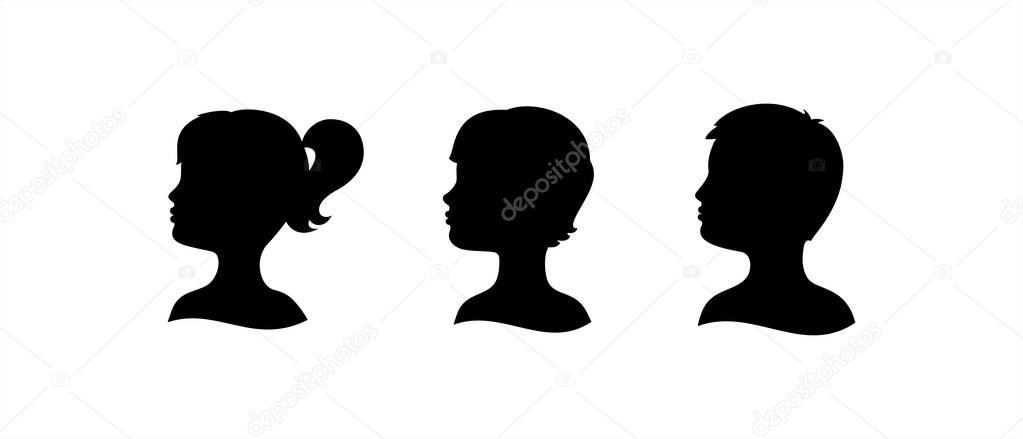 Childrens heads in profile. Set of Silhouettes isolated on White background. Vector