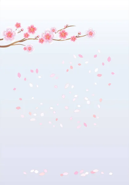 Sakura dalı. Kiraz çiçeği ve uçan yaprakları ışık Menekşe degrade arka plan izole. Kalp şeklinde yaprakları. Vektör