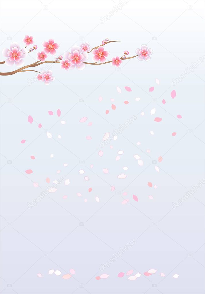Branch of sakura. Cherry blossom and flying petals isolated on light Violet gradient background. Petals in shape of Heart. Vector
