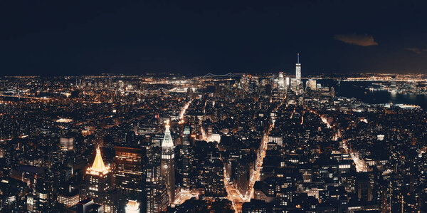 New York City downtown skyline panorama night view.